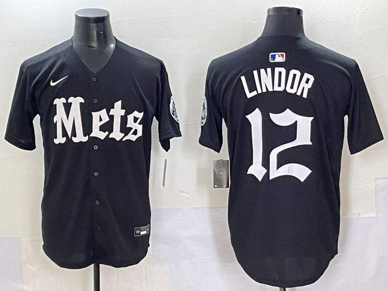 Men 2025 New York Mets #12 Lindor Black Five generations Joint Name Nike MLB Jersey style 1